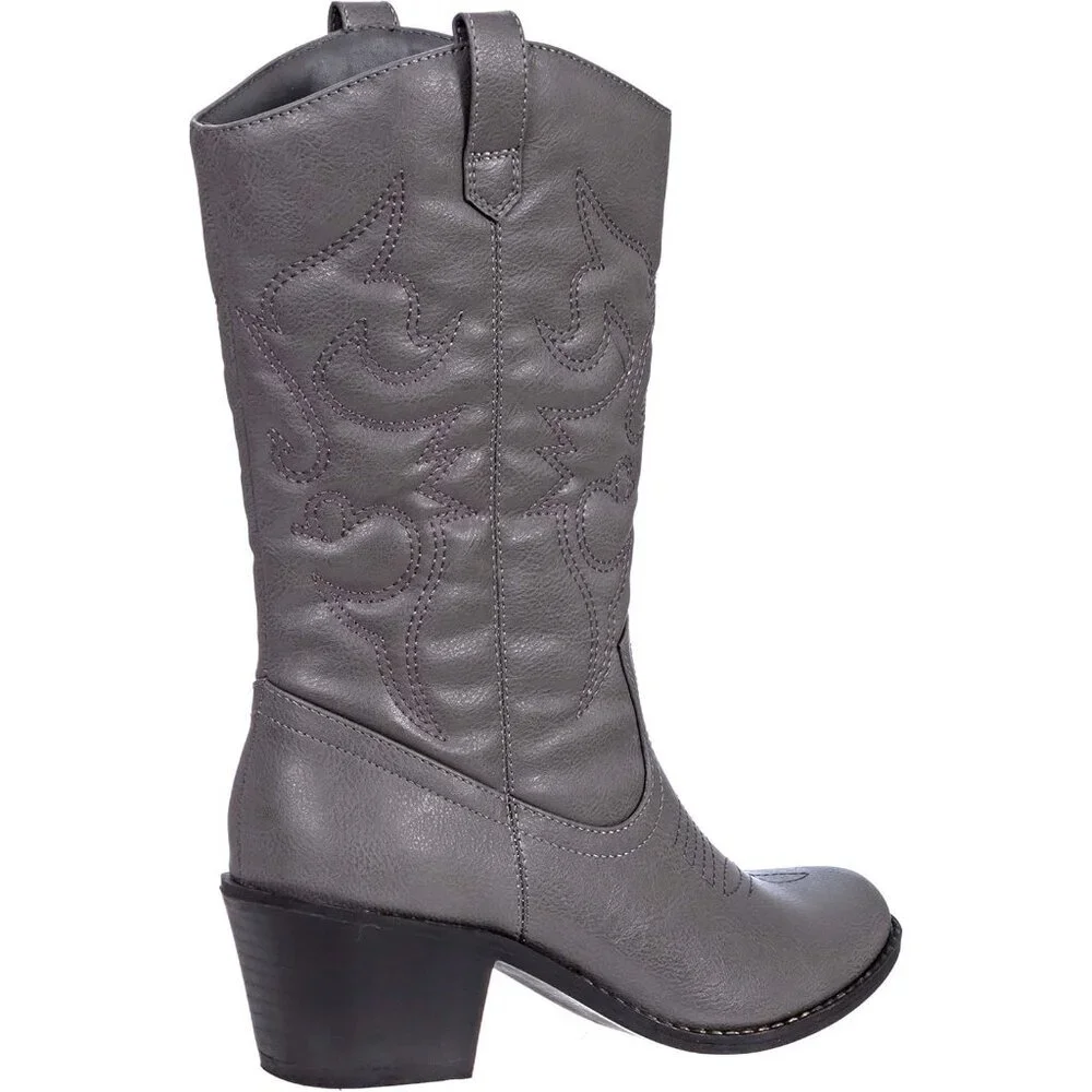 Women's Grey Mid Calf Boot Embroidered Stiching Western Cowgirl Boots Low Heel